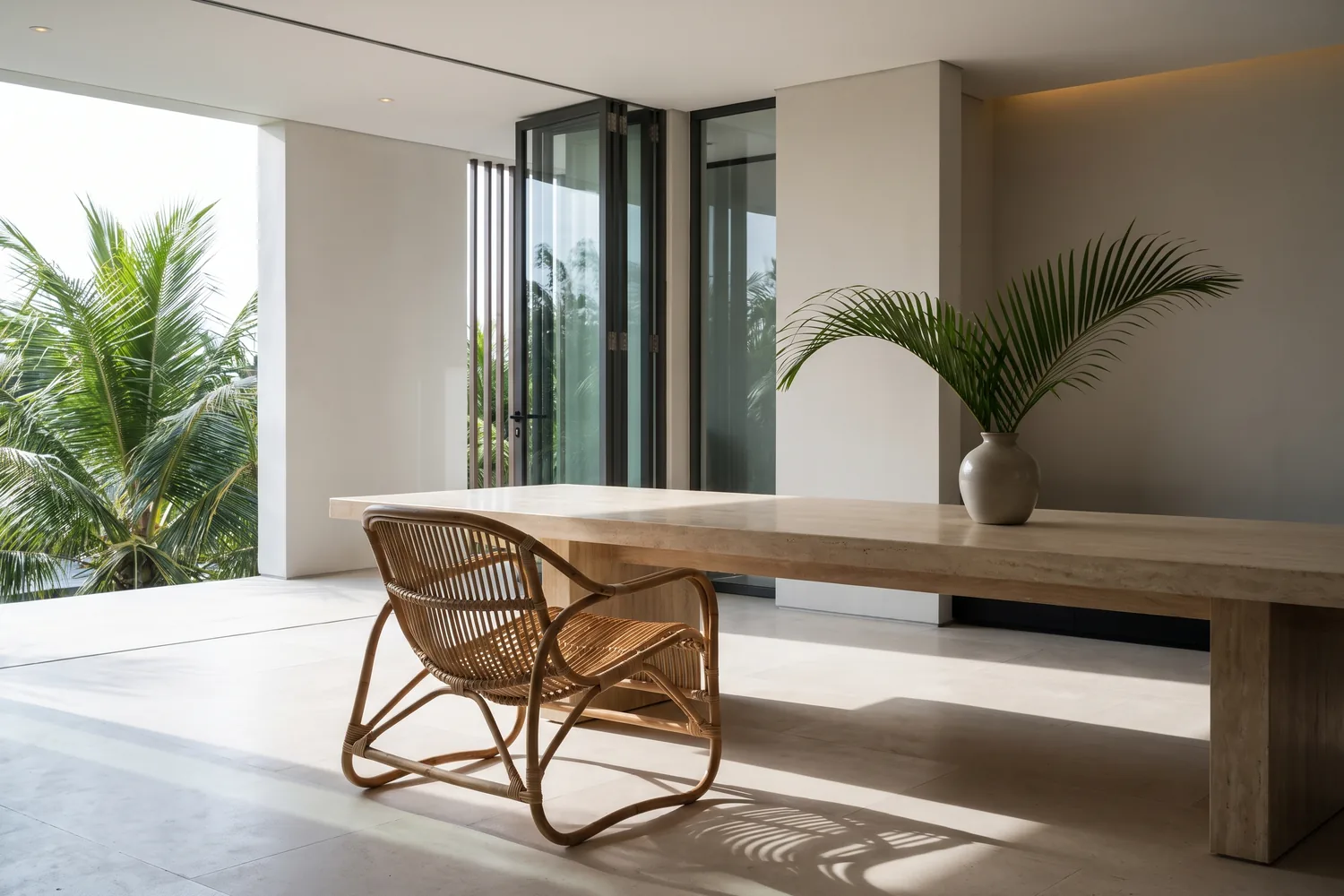A calm, light-filled executive interior with a single chair and a long timber table